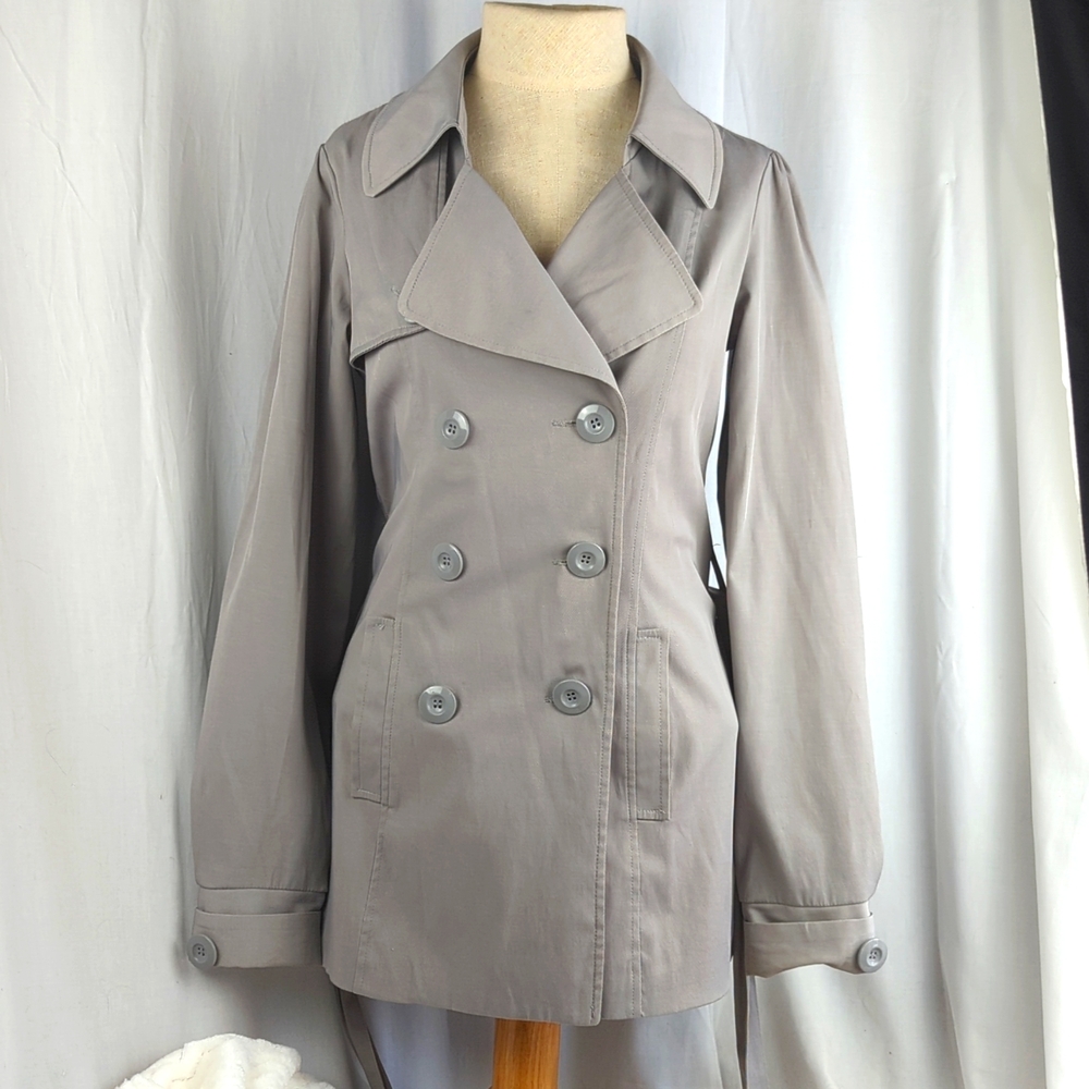 Vertigo Paris Classic Double Breasted Short Trench Warm Grey Sz XS Spring